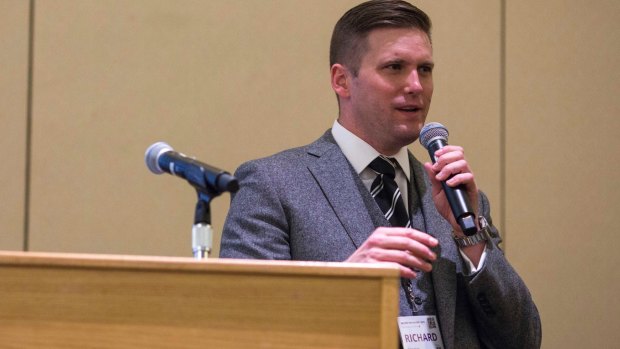 Richard Spencer, a leader of the far right, addresses a conference in Washington on Saturday.