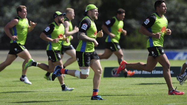 Injured Raiders five-eighth Blake Austin has his right knee strapped during a training session on Tuesday.