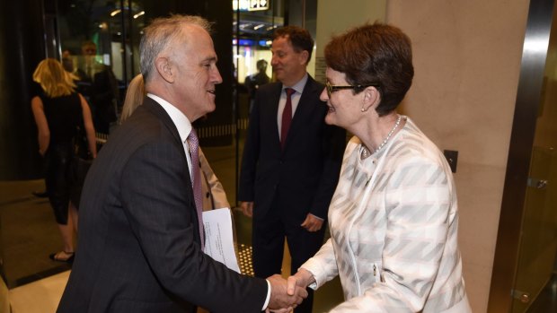 Prime Minister Malcolm Turnbull is greeted by BCA President Catherine Livingstone at the Business Council of Australia annual dinner where she called for tax reform. Photo: Wolter Peeters