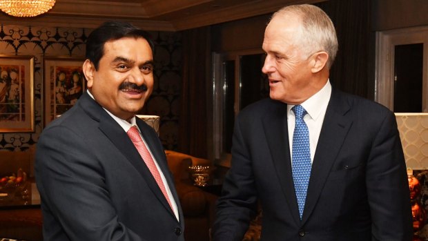 Adani Group founder and chairman Gautam Adani meets with Prime Minister Malcolm Turnbull in Delhi in April.