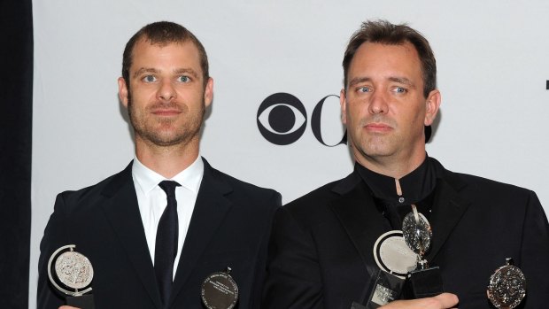 Matt Stone (left) and Trey Parker with their Tony awards for The Book of Mormon.