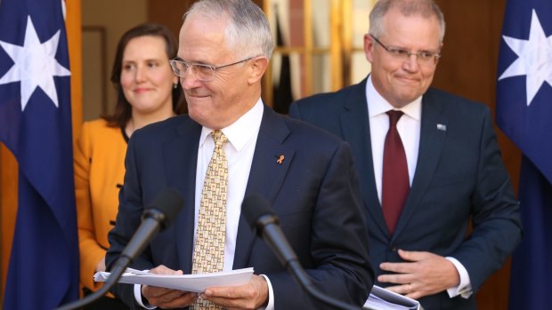 Prime Minister Malcolm Turnbull with Treasurer Scott Morrison and Kelly O'Dwyer, Minister for Small Business and Assistant Treasurer.