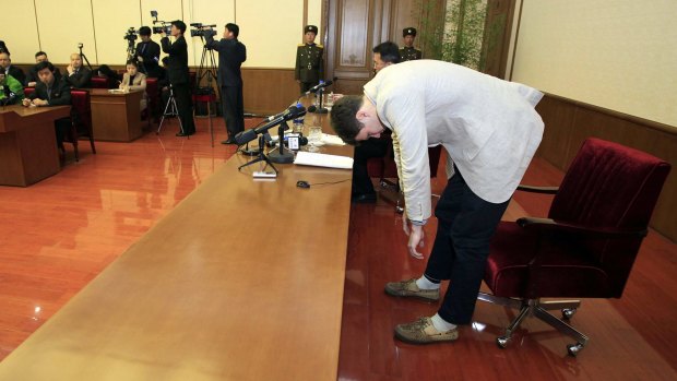 American student Otto Warmbier is presented to the reporters.