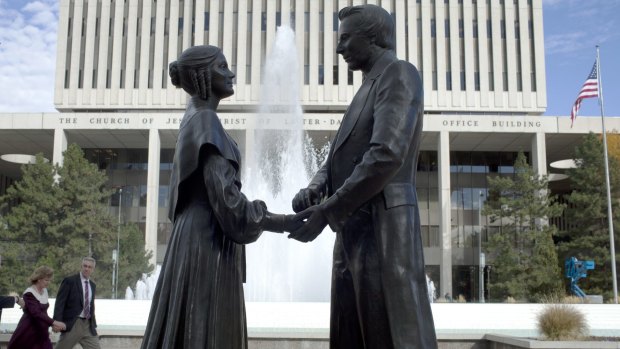 Polygamy strained relations: A statue of the Mormon religion's founder and prophet Joseph Smith with his first wife, Emma, at Temple Square in Salt Lake City.