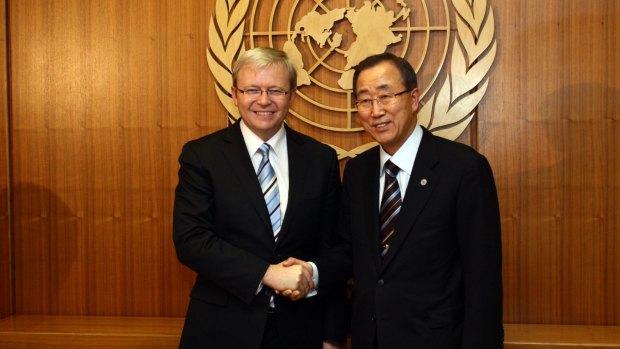 Kevin Rudd and UN secretary-general Ban Ki Moon at UN headquarters in New York last month.