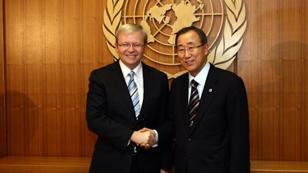 Kevin Rudd and UN secretary-general Ban Ki Moon at UN headquarters in New York last month.