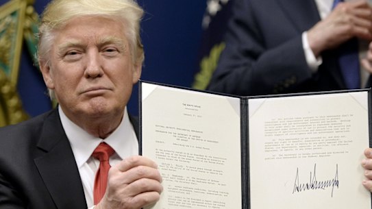 US President Donald Trump after signing the first executive order banning refugees and people from some Muslim-majority countries.