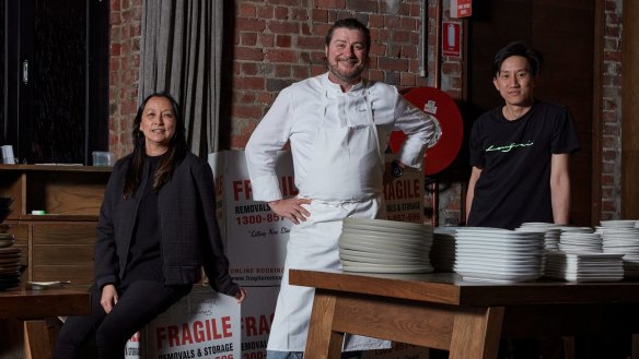 Longrain Melbourne's new owner Scott Pickett (centre) with restaurant manager Natasha Firman (left) and head chef Arte Assavakavinvong.