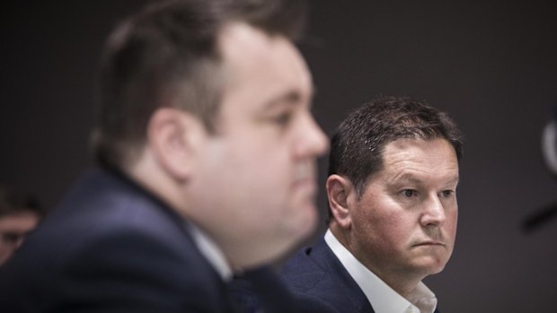 Uber's Brad Kitschke and Airbnb's Sam McDonagh at the Senate inquiry into corporate tax avoidance. 