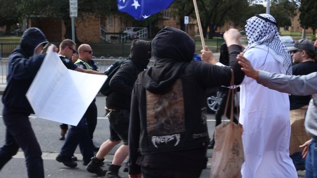 Demonstrators outside the Showgrounds.