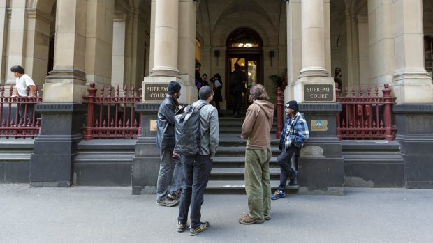 Bendigo Street squatters in front of the Supreme Court on Sunday afternoon.