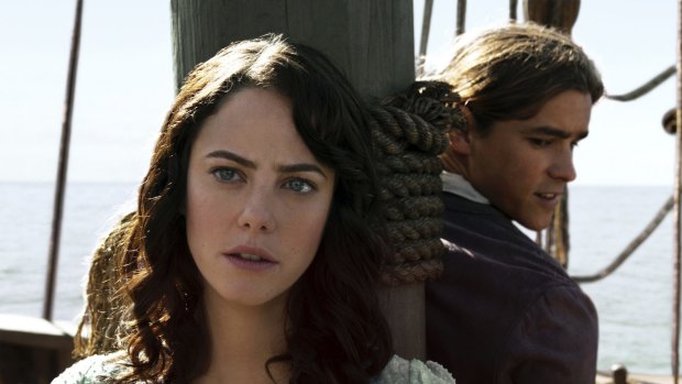 Kaya Scodelario as Carina Smyth and Brenton Thwaites as Henry Turner in Pirates of the Caribbean: Dead Men Tell No Tales.