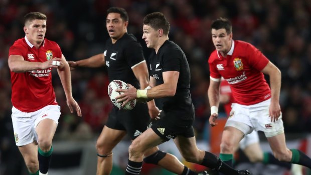 Livewire: Beauden Barrett probes the Lions defence.
