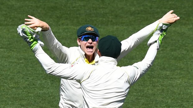 Pleasure and Paine: Steve Smith and Tim Paine celebrate victory in the second Test.