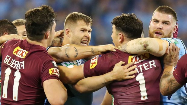 Billy Slater of the Maroons gets involved in a melee during game two of the State of Origin series.