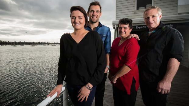 The partner of the late country footballer Aaron Mahoney, Emma Craddock (l) with Hawthorn captain Luke Hodge and Aaron's parents, Sheryl and Russell Mahoney