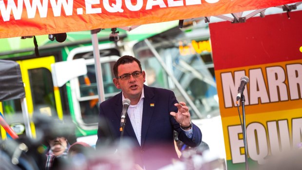 Premier Daniel Andrews addresses the crowd at the Equal Love Rally. 