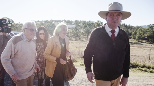Deputy PM, Nationals leader and member for New England, Barnaby Joyce, arrives at Woolbrook Public School to vote with his wife Nat, and parents James and Maree.