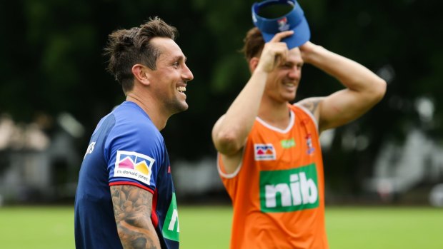 New signing Mitchell Pearce trains for the first time with the Newcastle Knights.