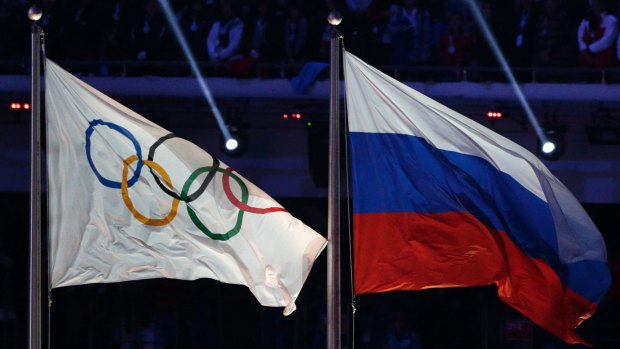 The Olympic and Russian flags.