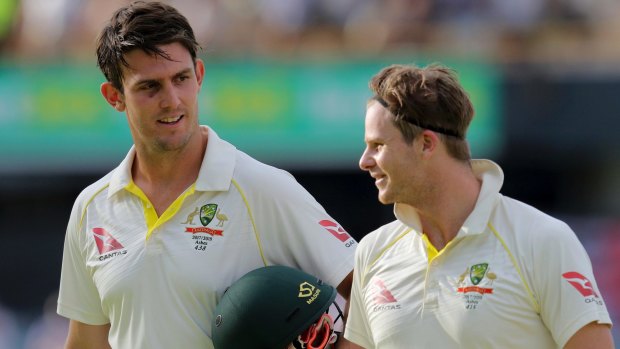 New horizons: Mitchell Marsh walks off the WACA with skipper Steve Smith after a career-changing knock in the third Test.