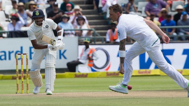 Casualty: Hardik Pandya drives the ball off the bowling of Dale Steyn, who was later ruled out of further cricket for four to six weeks.