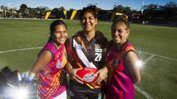 Madison Yarran, Che Cockatoo and Sharyce Krakouer, players in the national youth girls championship at Punt Road on Friday.