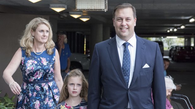 Jason Falinski and his family enter Dee Why RSL for the Liberal pre-selection vote on April 16.  