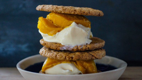 Weis bar-inspired ice-cream sandwiches with mango sorbet and coconut froyo.