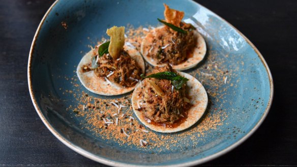 Wacky quacky: South Indian spiced pulled duck 'tacos' on mini chapatis.