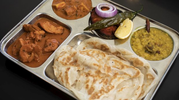 Roti with a selection of Sri Lankan curries.