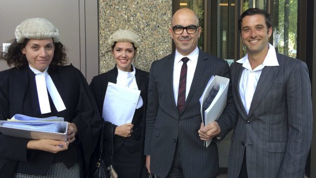 Nicholas Polias, far right, with his legal team, including Sue Chrysanthou, far left, and Bridgette Regener. 