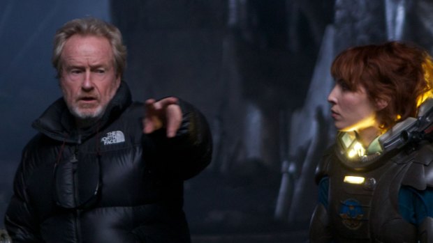 Director Ridley Scott on the set of <em>Prometheus</em> with Noomi Rapace.