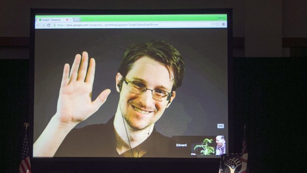  Edward Snowden on a live video feed.