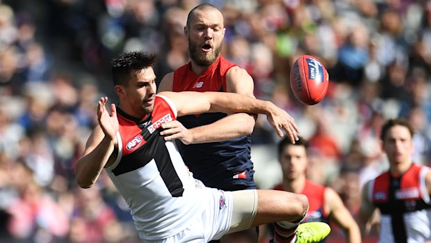 Max Gawn pushes away Billy Longer on Sunday.