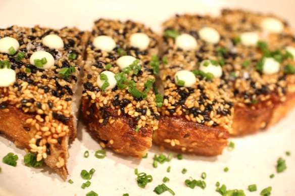 Next-level prawn toast with sesame seeds and yuzu mayonnaise.