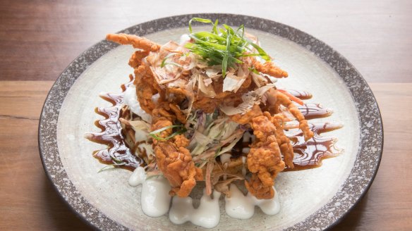 Soft-shell crab okonomiyaki.