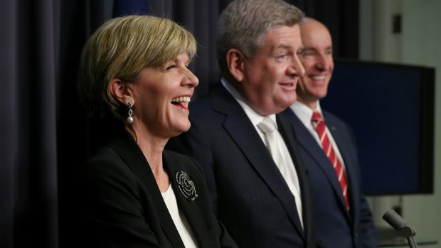 Foreign Affairs Minister Julie Bishop, Minister for Communications Mitch Fifield and Minister for Veterans' Affairs Stuart Robert mention Hollywood actor Chris Hemsworth during a press conference at Parliament House.