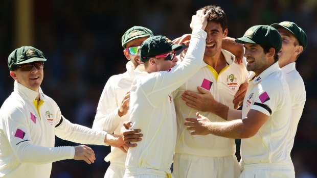 Well earned: Mitchell Starc celebrates the wicket of India's Murali Vijay.