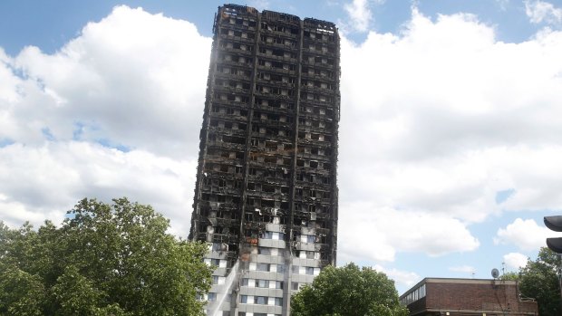 The charred facade of the Grenfell Tower in London.