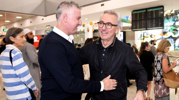 New beginnings: Bert van Marwijk, right, greeted at Sydney Airport by FFA head of national teams, Luke Casserly.