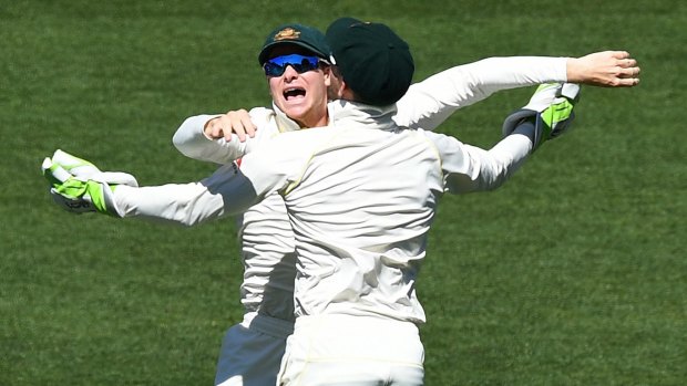 Steve Smith celebrates the final wicket with Tim Paine.