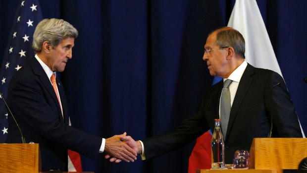 John Kerry, left, and Sergei Lavrov shake hands on a new Syrian cease-fire deal on Friday.