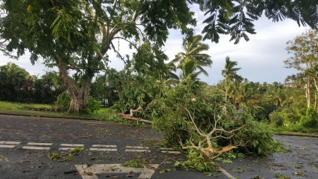 Fallen trees and debris on the streets of Suva, the morning after Tropical Cyclone Winston made landfall,