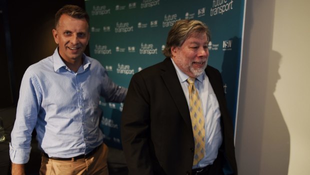 Apple co-founder Steve Wozniak, right, and Transport Minister Andrew Constance at the "Future Transport" summit in Sydney last month.