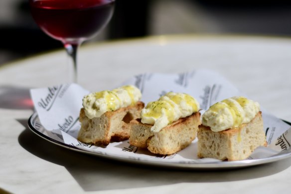 Whipped baccala on focaccia is one of the many hand-held snacks on offer.