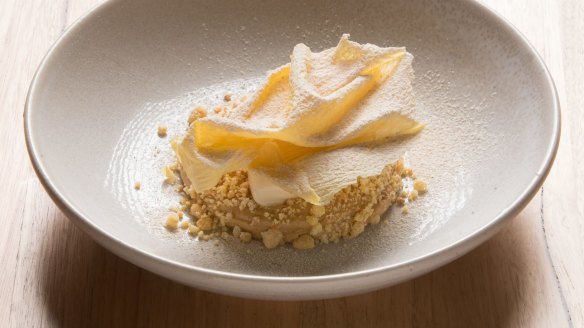 A dessert of caramelised pear with miso ice-cream.