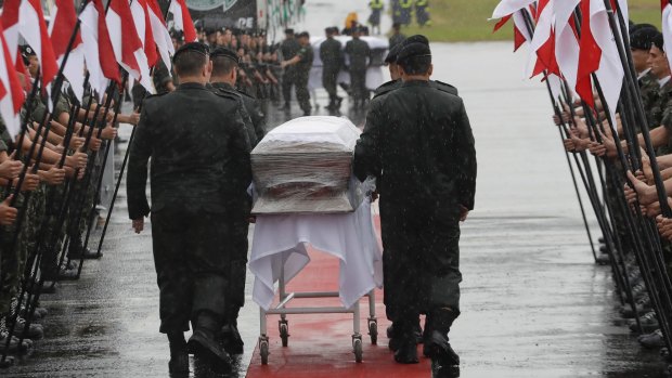 The caskets with the remains of Chapecoense soccer team victims, arrive in Chapeco.