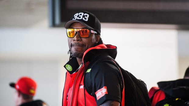 On notice: Chris Gayle arrives at Melbourne Airport on Tuesday after his night of controversy in Hobart.