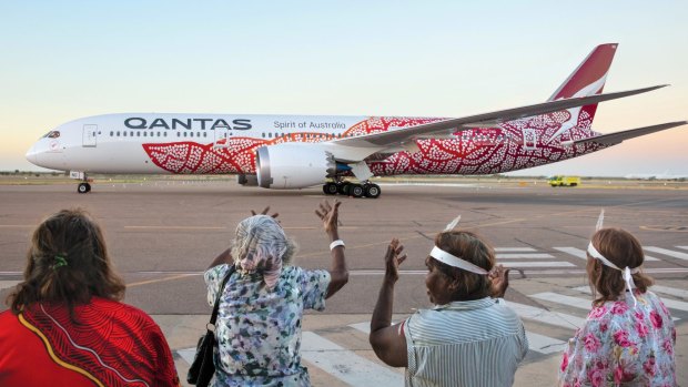 Balarinji flying art series, Emily Kame Kngwarreye on Qantas 787 Dreamliner.